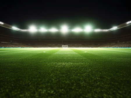 Stadium with spotlight and empty green grass. NIght scene .3d renderingの素材