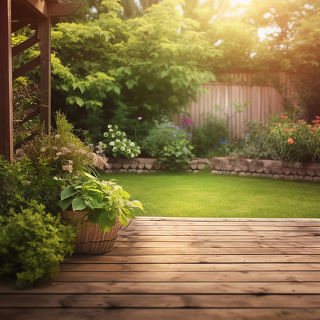 Old hardwood decking or flooring and plant in garden decorativeの素材