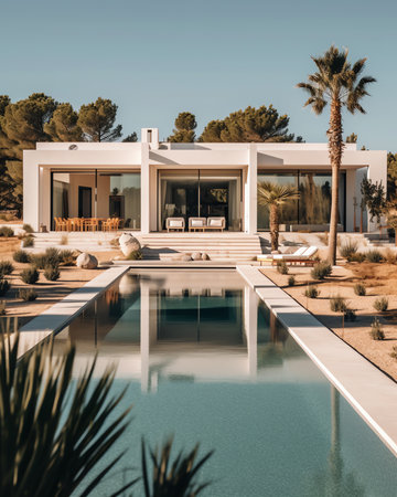 Exterior modern white villa with pool and garden, nobody insideの素材