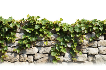Decorative green ivy bush leaves and light brown stonepattern wall element for background. Close upの素材