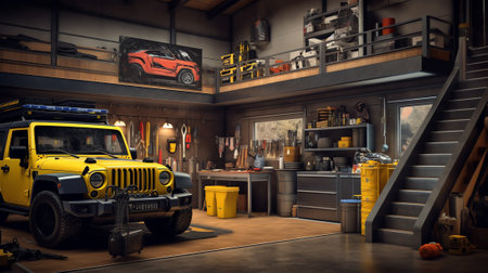 Large garage with workspace and car components, 3d illustrationの素材
