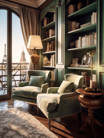 A huge shelving for books and a refined emerald sofa. Discreet and chic interior. daylight from windの素材