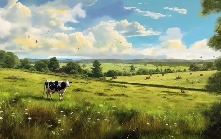 Bright sunny day at Alnwick Pastures, Northumberlandの素材