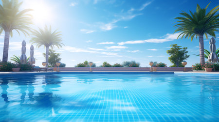 Summer pool background. Empty space on the pool edge, marble stone tiles and blurred swimming pool iの素材