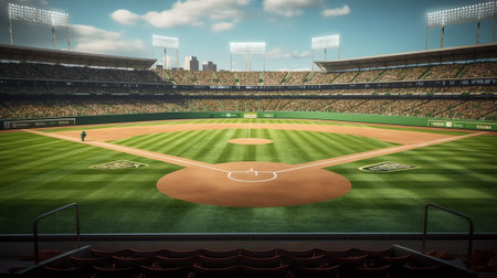 View from behind home plate looking towards the outfield across the pitcherÃÂ¢Ã?Ã?s mound with artifiの素材