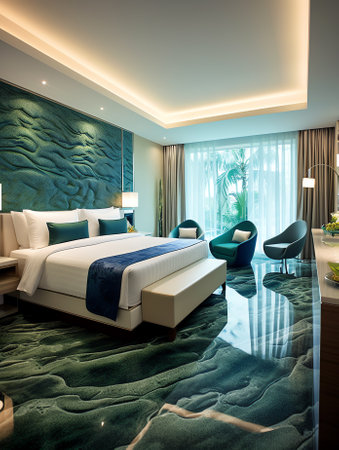 Interior of modern comfortable hotel room with double bed and green sofaの素材