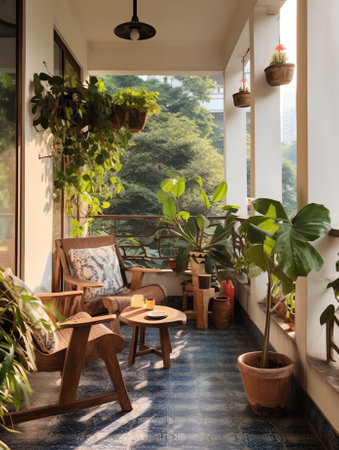 Patio decorated with outdoor furniture and potted plantsの素材