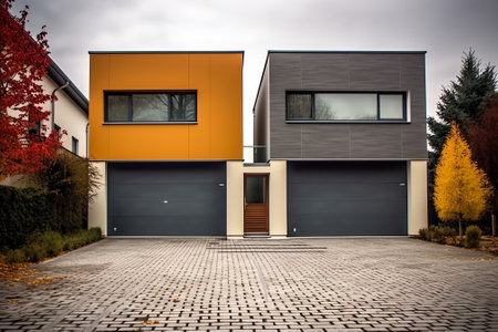 Modern parking garage in residential brick house for cars with grey roller shutters on gates. Closedの素材