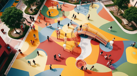 Top view of empty new modern children playground in courtyard of high-rise residential buildings inの素材