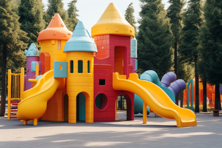 Children's playground, slide, on residential area in Amstelveen, Netherlands.の素材