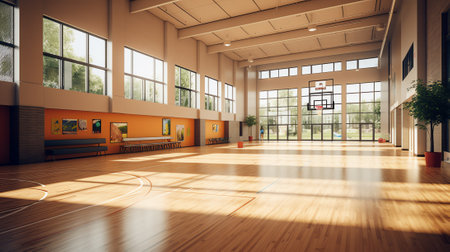 Interior of the school sports hall for playing basketball, volleyball, handball and sportsの素材