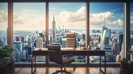 Modern office interior. White poster on wall. Mock up. CEO desk. City view, panoramic window. 3d renの素材