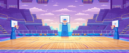 School gym, court interior with equipment. Sports arena for team games, marked floor, basketball hooの素材