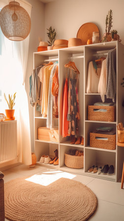 Square frame Empty walk in closet of new home with wall shelves and hanging clothes rodの素材