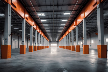 Industry construction large warehouse empty factory storage area building indoor for background.の素材