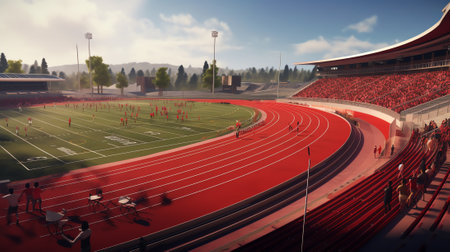 Red treadmill on sport field. Running track on the stadiumの素材