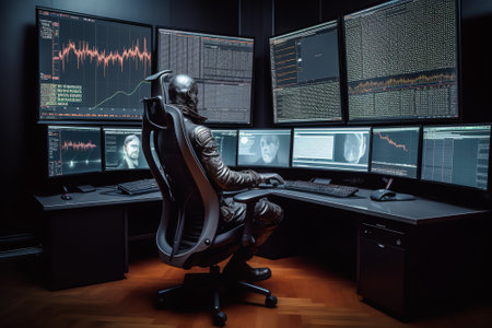 Interior of empty forex stock market workspace with desk having modern laptop computer on top. Exchaの素材