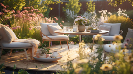 Beautiful backyard in natural boho style with garden furniture, greens and pink flamingo