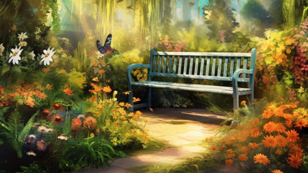 Wooden bench in a summer gardenの素材