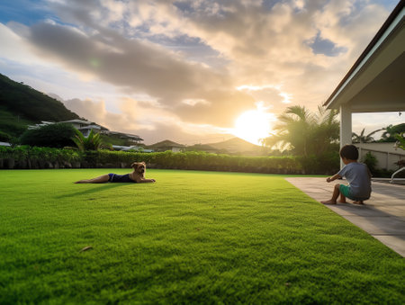 Panorama and tropical garden and green grass, the sun shines.の素材