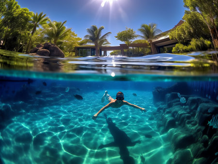 Snapshot under the water of a beautiful blue pool on a sunny dayの素材