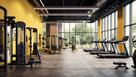 Modern light gym. Sports equipment in gym. Barbells of different weight on rack.の素材