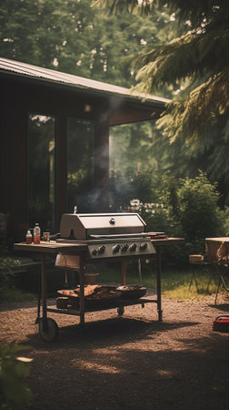 summer time in backyard garden with grill BBQ, wooden table, blurred backgroundの素材