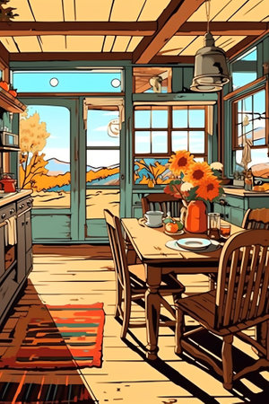 Rustic kitchen empty interior with wooden table, furniture and appliances. Oven, range hood, refrigeの素材
