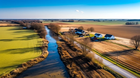 Beautiful view on a typical dutch landscape near the river Waal and Zaltbommel, water, green grass,の素材