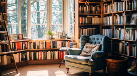 Bookshelves in the library. Large bookcase with lots of books. Sofa in the room for reading books. Lの素材