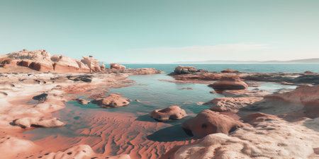 View looking out to sea through a wild rocky coastline with sand and rock pools and dramatic black aの素材
