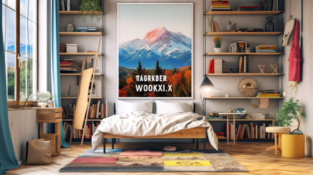 Front view of a bedroom with king size bed, a bookshelf, a panoramic window. Large vertical poster iの素材