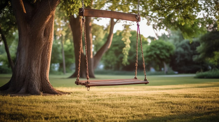 Photography on theme empty playground with metal swing for kids on background natural nature, photoの素材