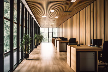 Front view of office corridor with large blank wall and row of conference rooms with wooden wall andの素材