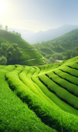Empty square floor and green tea mountain nature landscape on sunny day,panoramic view.の素材