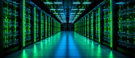 Image of close up of empty corridor with row of blue and green computer servers. global technology,の素材