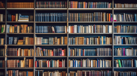 Blurred image for background of many books on bookshelf in library.の素材
