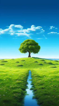 green field with tree in blue skyの素材