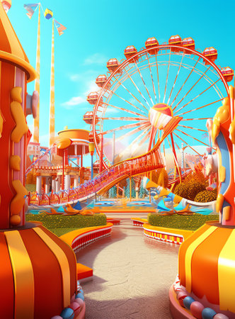 3d amusement park, circus, carnival fair theme podium with many rides and shops circus tent 3d illusの素材
