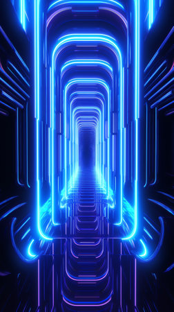 3d rendering of blue neon glowing spaceship corridor hallway dark background. Scene for advertising,の素材