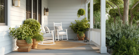 Porch with outdside furniture - gray chair and table. Greenery trees. Tropical backyard garden. Lounの素材