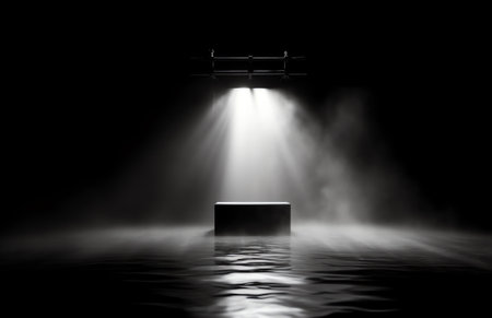 Dramatic dark background. Reflection of light on the water. Smoke Fog, rays, the moon. Empty night sの素材