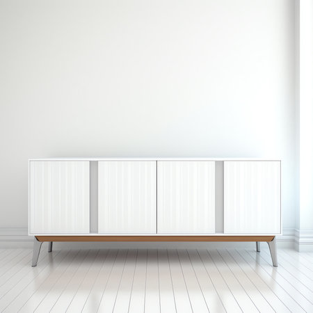 Empty kitchen space with white and wood modular cabinet, designed with minimalist interior concept,の素材