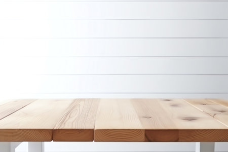 Empty top of natural wooden table and retro white brick wall background. For product displayの素材