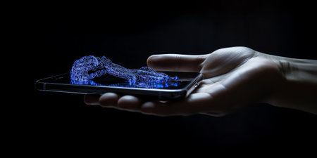 Minimal background for online technology and metaverse concept. Pixel hand with smartphone on blue bの素材
