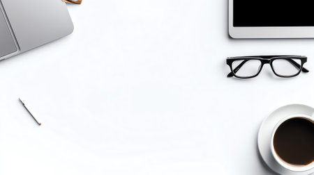 Hipster vintage office desk table with notebooks, pen and a cup of coffee. Top view with copy space.の素材