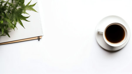 Office leather desk table with computer, supplies and coffee cup. Top view with copy spaceの素材