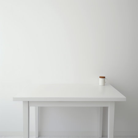 Studio photo of wood table and modern black chair isolated on white background.の素材