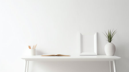 Empty white table top, mock up, white desk and white background.の素材