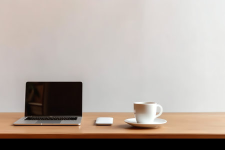Wooden desk table with copy space, supplies and coffee mug. Front view workspace and copy spaceの素材